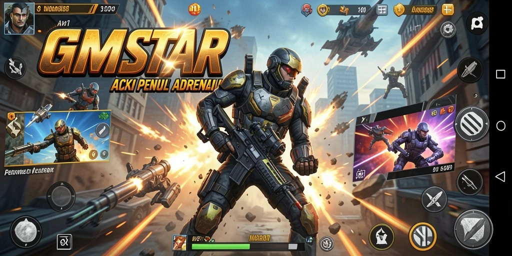 Screenshot gameplay GMSTAR menampilkan pertempuran aksi yang mendebarkan.